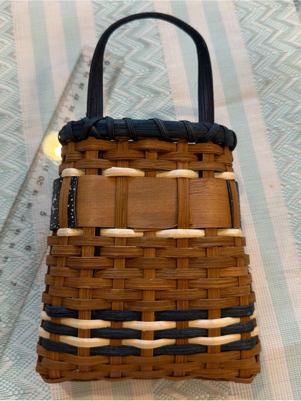 Woven Brown & Black Wall Pocket Basket Bag with Snowflake Accent